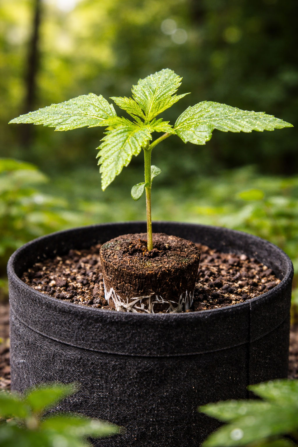 Junge Hanfpflanzen in Torfquelltöpfen